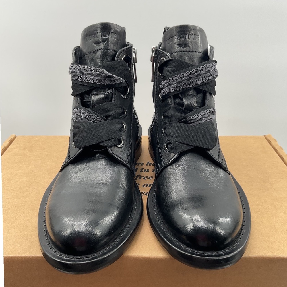 Zadig & Voltaire Joe Black Leather Combat Boots Skull Feather Wings Size 36